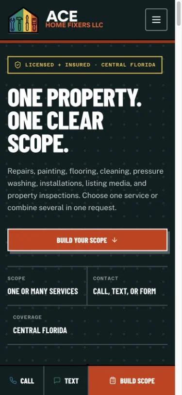 Ace Home Fixers website, phone view