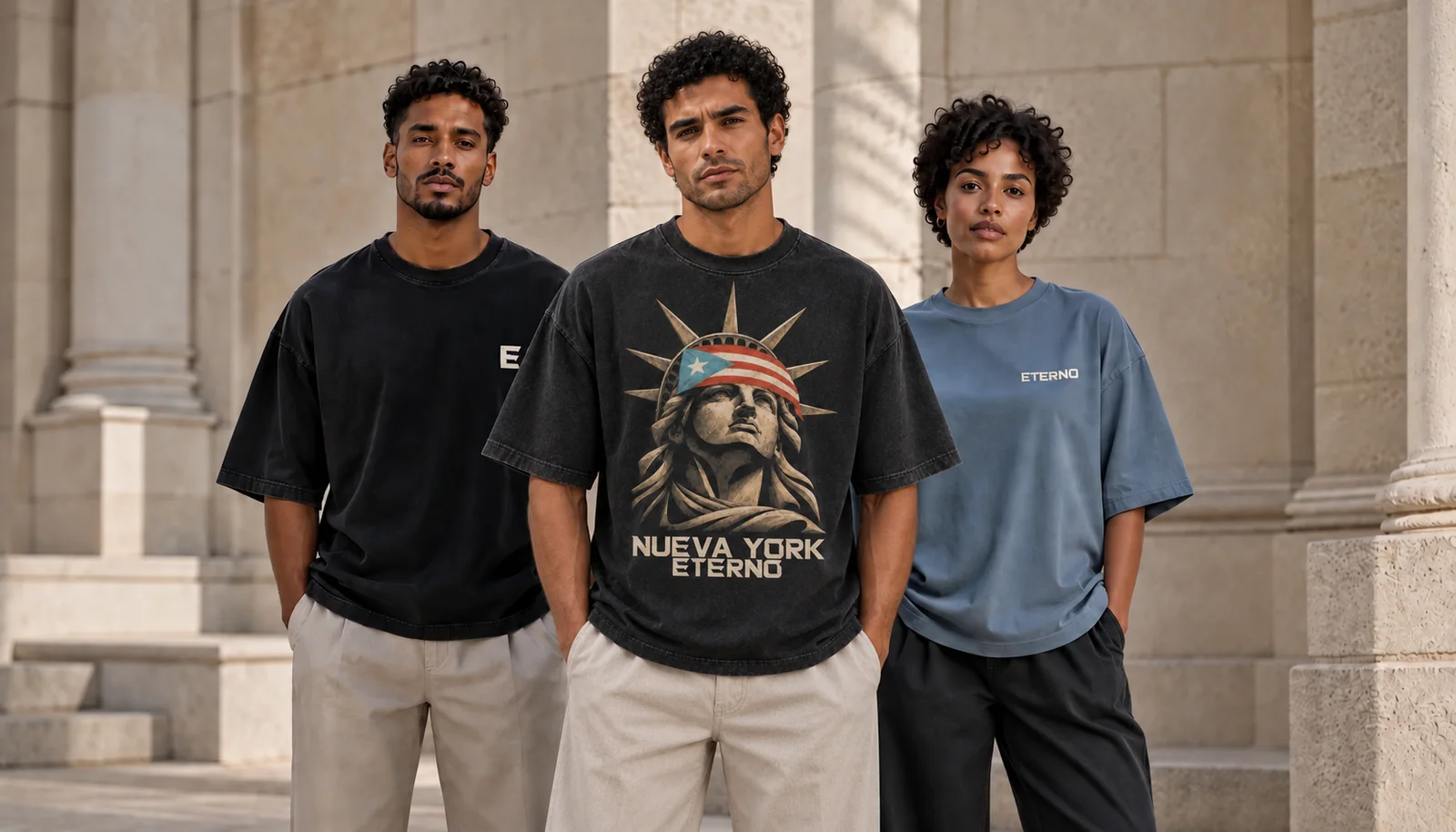 ETERNO campaign concept showing the Maker, Raíces and Essential tees together in a stone courtyard