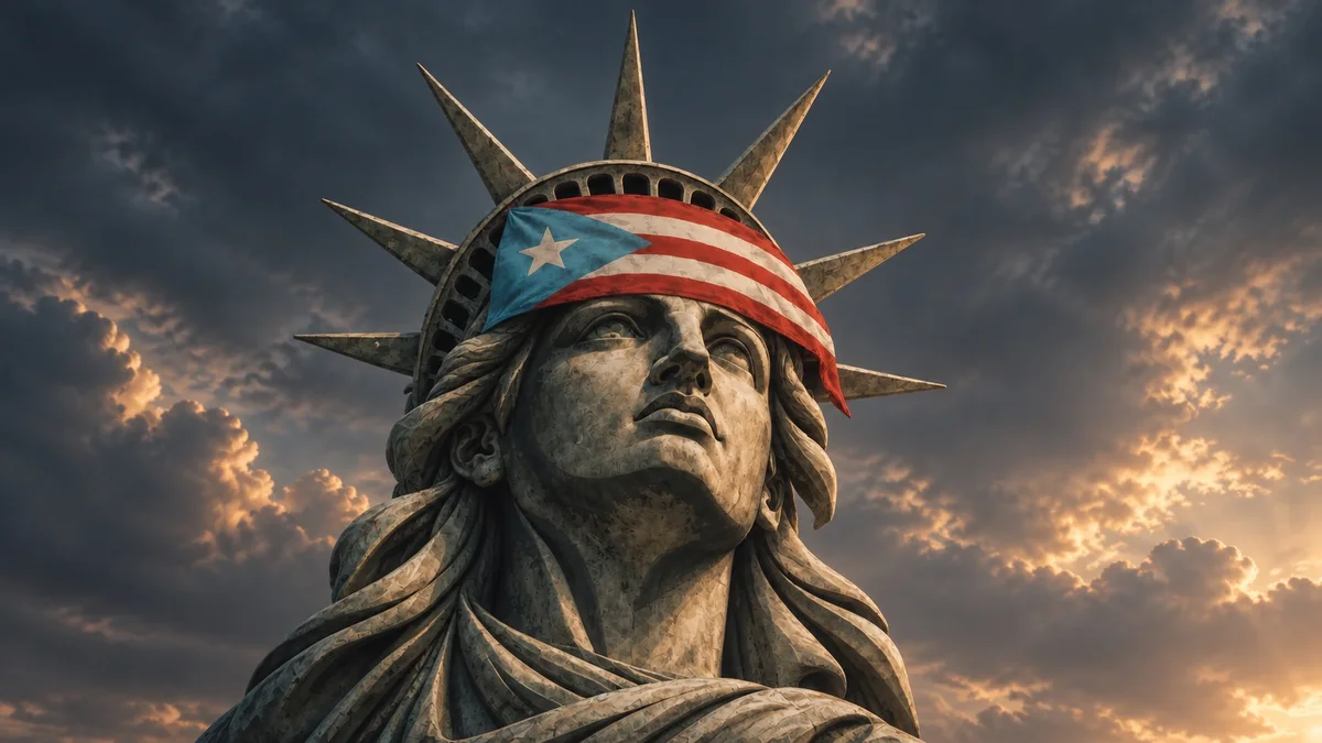 Close-up frame with the light-blue Puerto Rican flag draped over the statue's crown