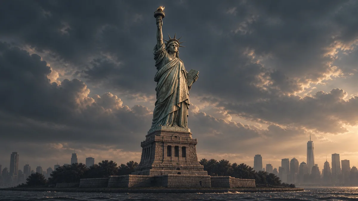 Opening frame of the Raíces sequence with the Statue of Liberty across the harbor