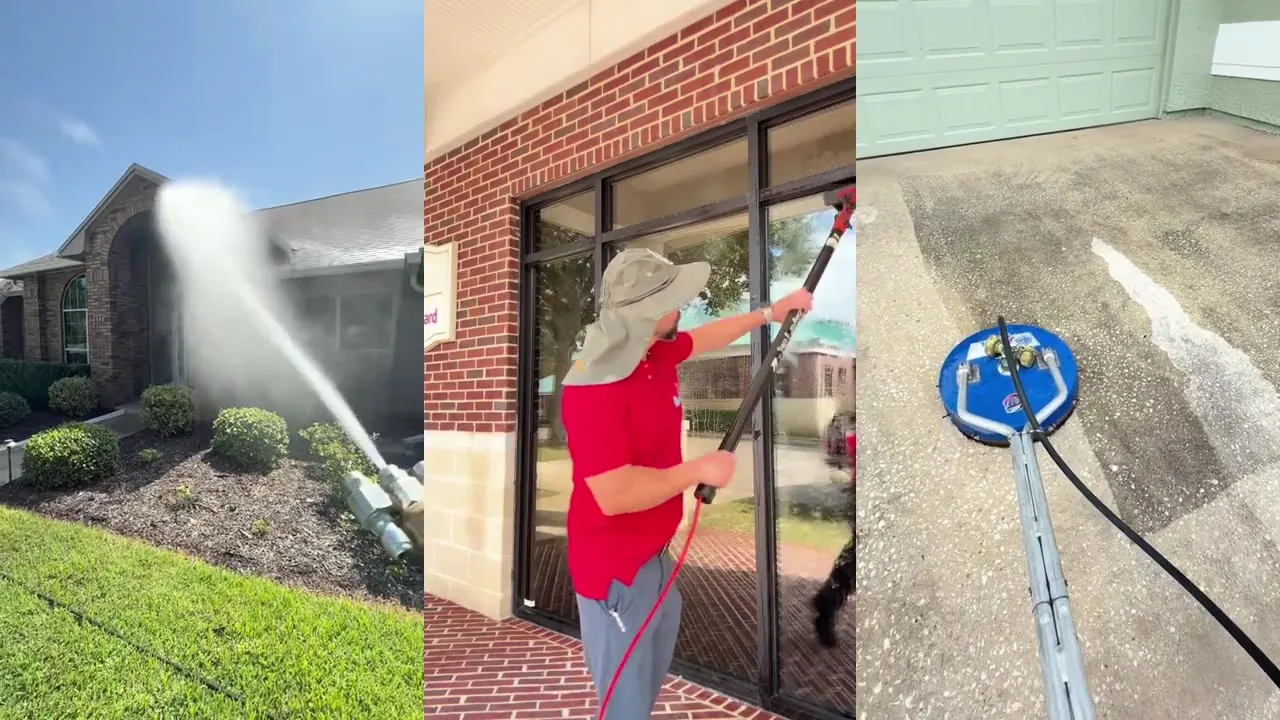 Still from the owner's cleaning montage: a worker in a red shirt cleaning a storefront window with a pole